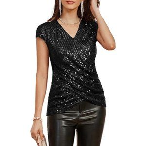 Womens Sparkle Sequin Shimmer Glitter Twist Front V Neck Cap Sleeve Top